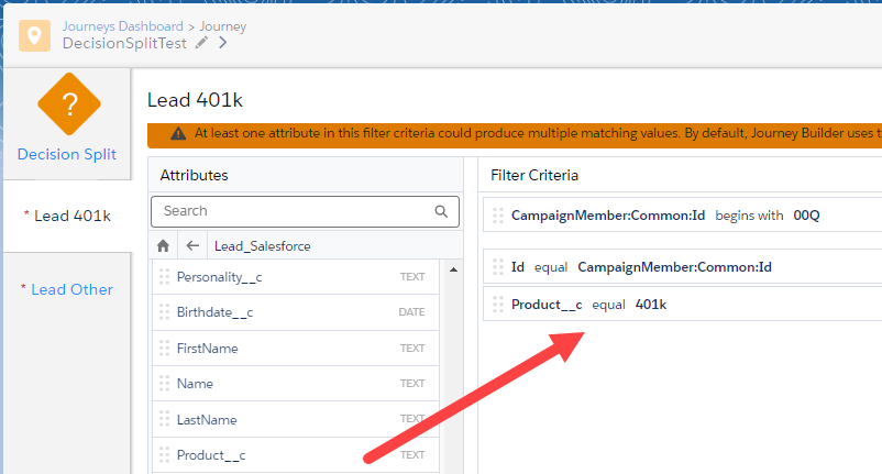 How to configure a decision split in a Journey in Marketing Cloud